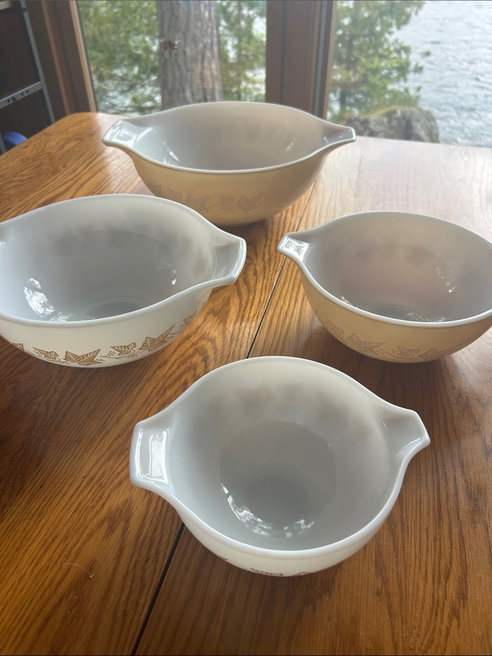 Vintage-Inspired White Glass Mixing Bowls with Tan Leaf Pattern - 4-Piece Set